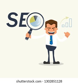 Handsome businessman happy and smile standing with search engine optimization (SEO), cartoon character with flat design for business concept.