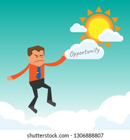 Handsome businessman holding an opportunity for successful in the careers on the sky, cartoon character with flat design for business concept.