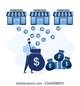 Handsome businessman holds bag and catches falling money. Owner of franchise rights receives profit - royalties and fees. Make money concept. Piles of coins and bags of money. Flat Vector illustration