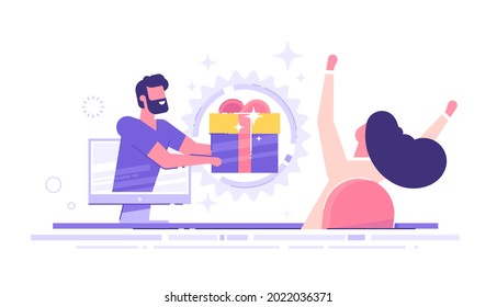 Handsome businessman holds out a big gift box from a monitor to a happy woman. Special offer or loyalty program concept. modern vector illustration.