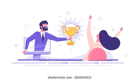 Handsome businessman holds out a golden cup from a monitor to a happy woman. Office worker. Award in the online contest. Modern vector illustration.
