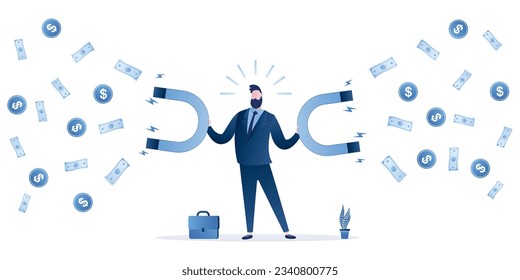 Handsome businessman holds two magnets in hands and attracting money. Banknotes and coins fly to the employee. Success concept. Male character and elements in trendy blue colors. Vector illustration svg