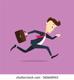 Handsome businessman late to work. Solid man dressed in a black suit with a briefcase looking at his watch running late for a meeting. He has a red tie, white shirt, and expensive shoes.