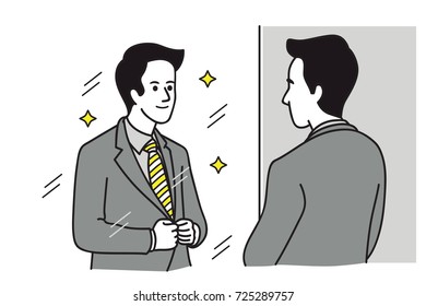 Handsome businessman looking at mirror, look at himself, adjusting his formalwear suit, prepare himself for working in start of a new day. Vector illustration, outline, linear line art. 