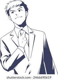 Handsome businessman: Man adjusting his tie line drawing_dark blue version