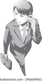 Handsome businessman: man with mobile phone, gray monochrome version