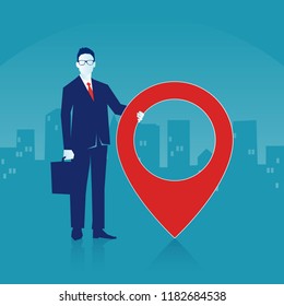 Handsome businessman man is standing close to big map pointer city scape on background. Our office location. Eps 10 Vector illustration, horizontal image, Minimalist white blue flat modern design.