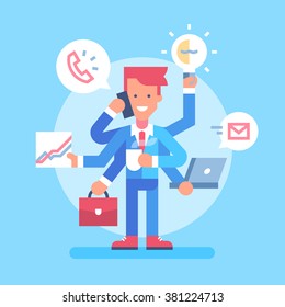 Handsome businessman with multitasking and multi skill. Vector illustration in flat design.