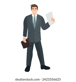 Handsome businessman with notebook and document on white backgro