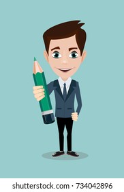 Handsome businessman with pencil . Stock vector illustration