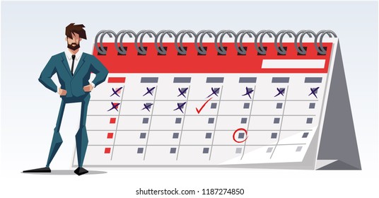 A handsome businessman is planning his work. Modern concept for business planning, news and events, reminder and timetable. Flat vector illustration.