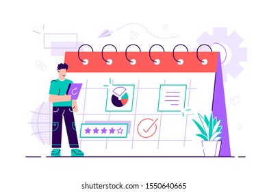 A handsome businessman is planning his work - Vector. Modern concept for business planning, news and events, reminder and timetable. Modern flat style vector illustration isolated on white background.