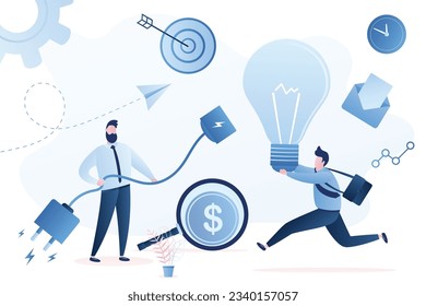 Buen hombre de negocios corriendo con la bombilla de ideas. Lluvia de ideas en el cargo. Búsqueda de nuevas ideas. Antecedentes de los conceptos de trabajo en equipo, inicio y cooperación. Empresarios humanos y elementos en colores azules de moda. Vector