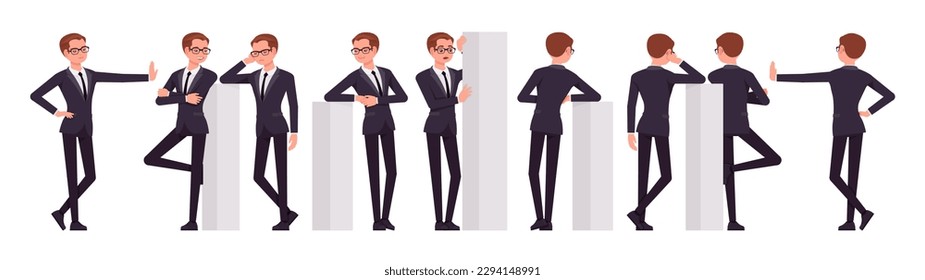 Bonito conjunto de hombres de negocios, diferentes poses inclinadas. Despacho, ocupado gerente masculino con traje formal, corbata para el trabajo, evento, ocasión. Caricatura vectorial de estilo plano aislado, fondo blanco