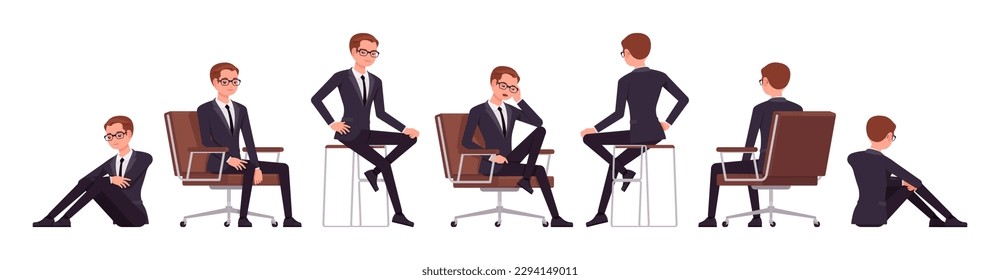 Handsome businessman set, different sitting poses. Office man, busy male manager in formal suit outfit, tie for work, event, occasion. Vector flat style cartoon character isolated, white background