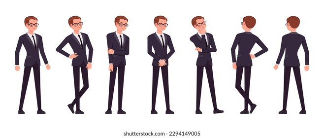 Handsome businessman set, different standing poses. Office man, busy male manager in formal suit outfit, tie for work, event, occasion. Vector flat style cartoon character isolated, white background