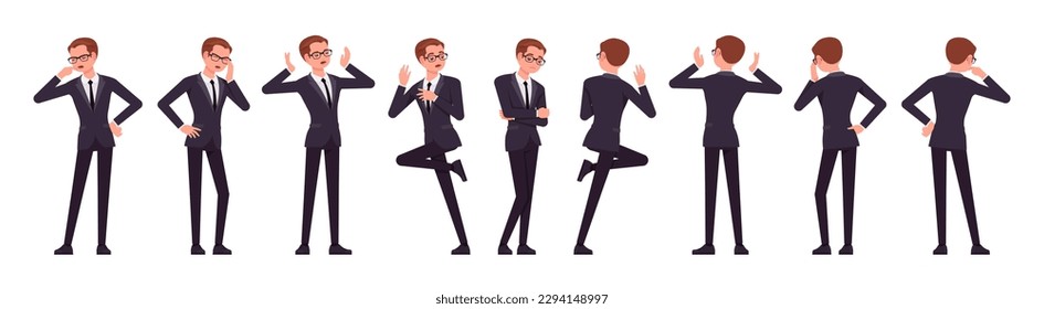 Handsome businessman set, negative emotions poses. Office man, busy male manager in formal suit outfit, tie for work, event, occasion. Vector flat style cartoon character isolated, white background