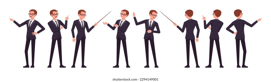 Handsome businessman set, point, show, present poses. Office man, busy male manager in formal suit outfit, tie for work, event, occasion. Vector flat style cartoon character isolated, white background