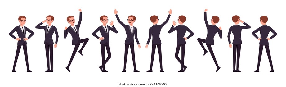 Handsome businessman set, positive emotions poses. Office man, busy male manager in formal suit outfit, tie for work, event, occasion. Vector flat style cartoon character isolated, white background