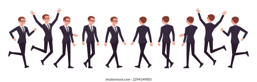 Handsome businessman set, walk, run, jump poses. Office man, busy male manager in formal suit outfit, tie for work, event, occasion. Vector flat style cartoon character isolated, white background