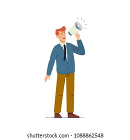 Handsome businessman shouting through megaphone.Flat vector illustration