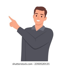 Handsome Businessman showing and pointing fingers upper left and right corner with happy expression advices use this copy space. Flat vector illustration isolated on white background