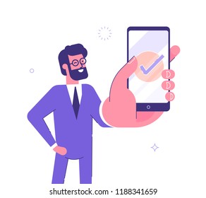 Handsome businessman showing smartphone display with successful check mark close up and winking. Friendly male character. Vector illustration.
