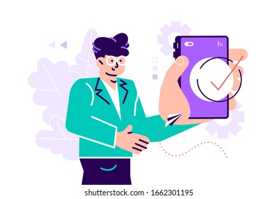 Handsome businessman showing smartphone display with successful check mark close up and winking. Friendly male character. Flat style modern design vector illustration for web page, cards, social media