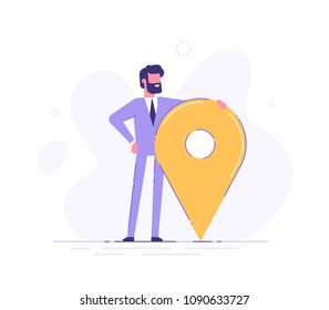 Handsome businessman is standing close to big map pointer. Our office location. Vector illustration.