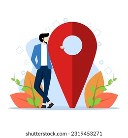 Handsome businessman standing near big map pointer. Our office location. company location, specify the location on the map. business meeting location. Flat vector illustration on a white background.