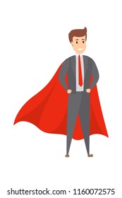 Handsome businessman standing in red cloak like a superhero. Idea of leadership and motivation. Isolated flat vector illustration