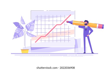 Handsome businessman stands near huge graphic of growth conpany's indicators with big marker on his shoulder. Business analysis and planning, increase profits, business growth. Vector illustration.