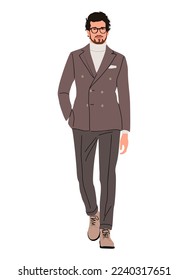 Handsome businessman walking in modern smart casual attire. Stylish confident bearded man wearing brown business suit. Cartoon male character vector realistic illustration isolated on white