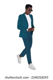 Handsome businessman walking in modern smart casual attire with cup of coffee. Stylish confident black man wearing blue business suit. Cartoon male character vector realistic illustration isolated