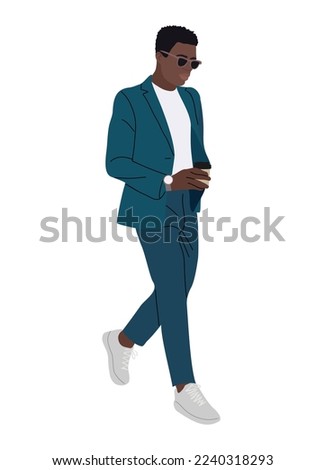 Handsome businessman walking in modern smart casual attire with cup of coffee. Stylish confident black man wearing blue business suit. Cartoon male character vector realistic illustration isolated