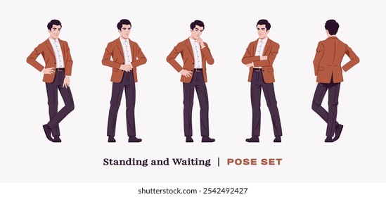 Schöner Geschäftsmann mit braunem Blazer Anzug Jacke stehend Pose Set. Zuversichtlich modernes Büro, casual Street Look für die tägliche Kleidung, Dating, Abschlussball, Party, Zeremonie, Business-Arbeit. Vektorgrafik