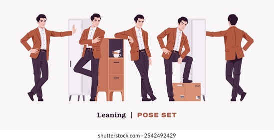 Schöner Geschäftsmann mit braunem Blazer Anzug Jacke schlanke Stand Set. Zuversichtlich modernes Büro, casual Street Look für die tägliche Kleidung, Dating, Abschlussball-Party, Zeremonie, Business-Arbeit. Vektorgrafik