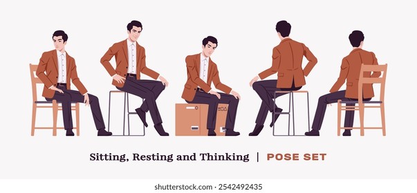 Handsome businessman wearing brown blazer suit jacket chair sit pose set. Confident modern office, casual street look for daily wear, dating, prom, party, ceremony, business work. Vector illustration