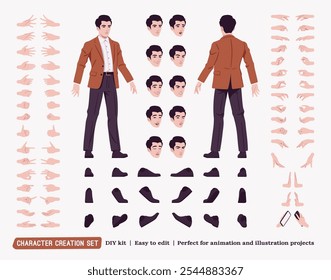 Handsome businessman wearing brown blazer suit jacket guy DIY character creation set, body figure parts, shoes. Head, leg, hand gestures, different emotions, construction kit. Vector illustration