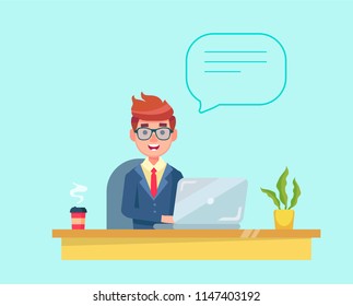 Handsome businessman working on his laptop. Speech cloud above him. Attractive manager or office worker. Modern character design. Flat vector illustration.