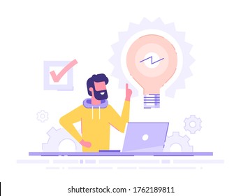 Handsome businessman working on his laptop holding up his index finger and creating a new idea.  Shiny light bulb. Business idea concept. Modern vector illustration.