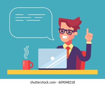 Handsome businessman working on his laptop holding up his index finger and giving advice. Attractive manager speaking with speech bubble. Modern character design. Flat vector illustration.