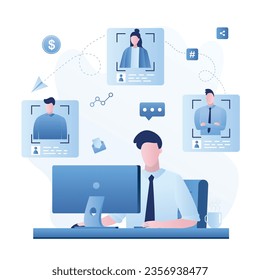 Handsome businessman at workplace. Chatting in social media. Male employee talking with various colleagues in network, remote negotiations, conference. Distance work. Trendy vector illustration