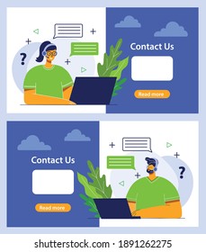 Handsome businesswoman and man with the inscription contact us. Cartoon character. Stock vector illustration in flat design.