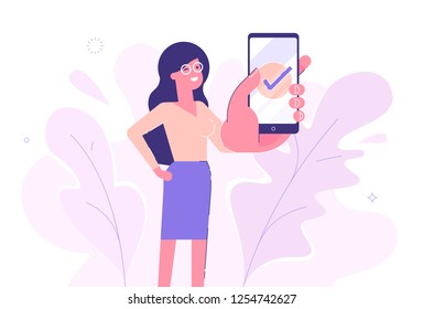 Handsome businesswoman showing smartphone display with successful check mark close up and winking. Friendly female character. Vector illustration.

