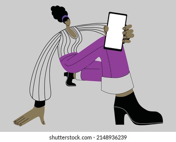 Handsome businesswoman showing smartphone display close up. Black female character. Vector illustration.