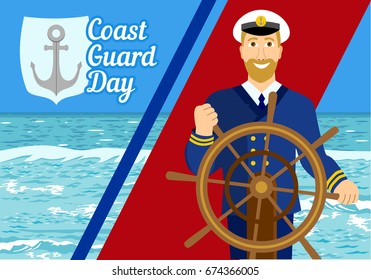 Handsome captain holding a steering wheel with smiley face, with beard, wearing uniform, for coast guard day or other marine design. Turquoise wavy sea and blue sky scenic view on the background.