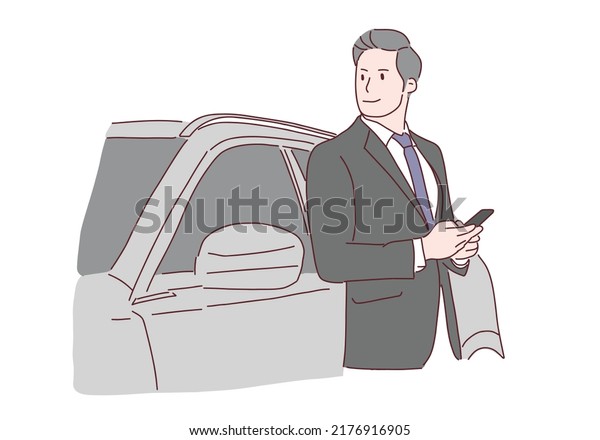 Handsome car businessman standing near\
automobile vector cartoon\
illustrator