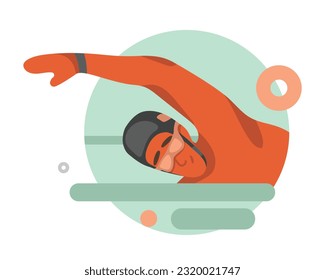 Handsome cartoon guy in goggles and cap doing swim. Workout with sportive equipment. Time for swimming. Active and healthy lifestyle. Vector flat illustration