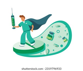 Handsome cartoon male character doing clinical trials vaccination shot. Protection from coronavirus outbreak. Process of getting covid 19 vaccination. Immune system health. Vector